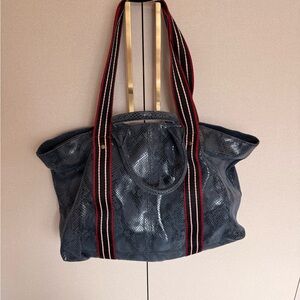 Classic Navy Snakeskin Tote Bag with Red-Trim Straps
